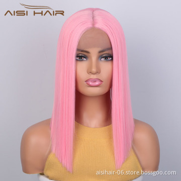 Aisi Hair Medium Long 16 Inch Cosplay Pink Wig Front Lace Wig Silky Straight Synthetic Lace Frontal Hair Wigs For Black Women
